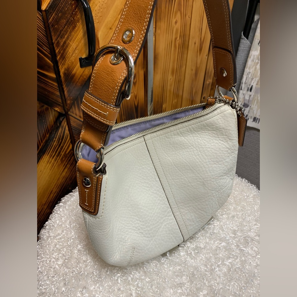 Coach Pebbled Leather Shoulder Bag Cream with Brown Strap, purple interior. - Picture 2 of 16